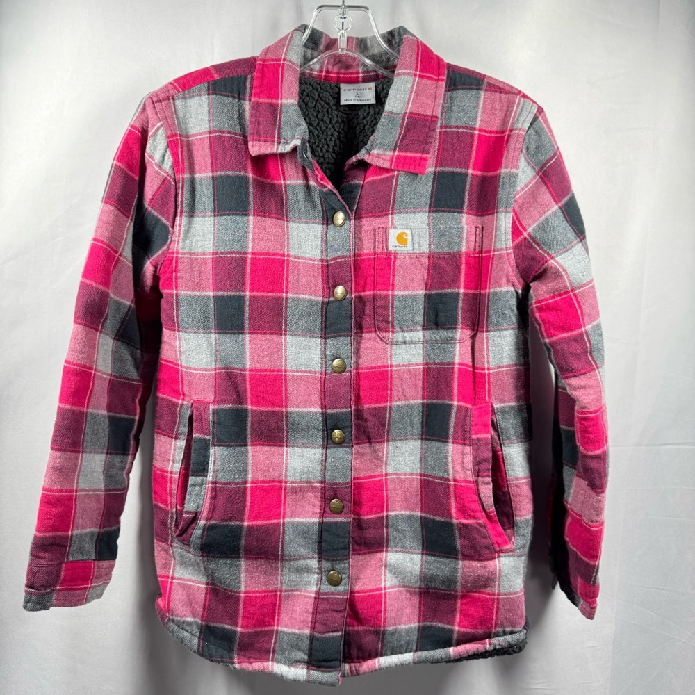 Carhartt Girl’s Pink and Gray Checkered Shirt Jacket‎ Sherpa Lined Snap Outdoor